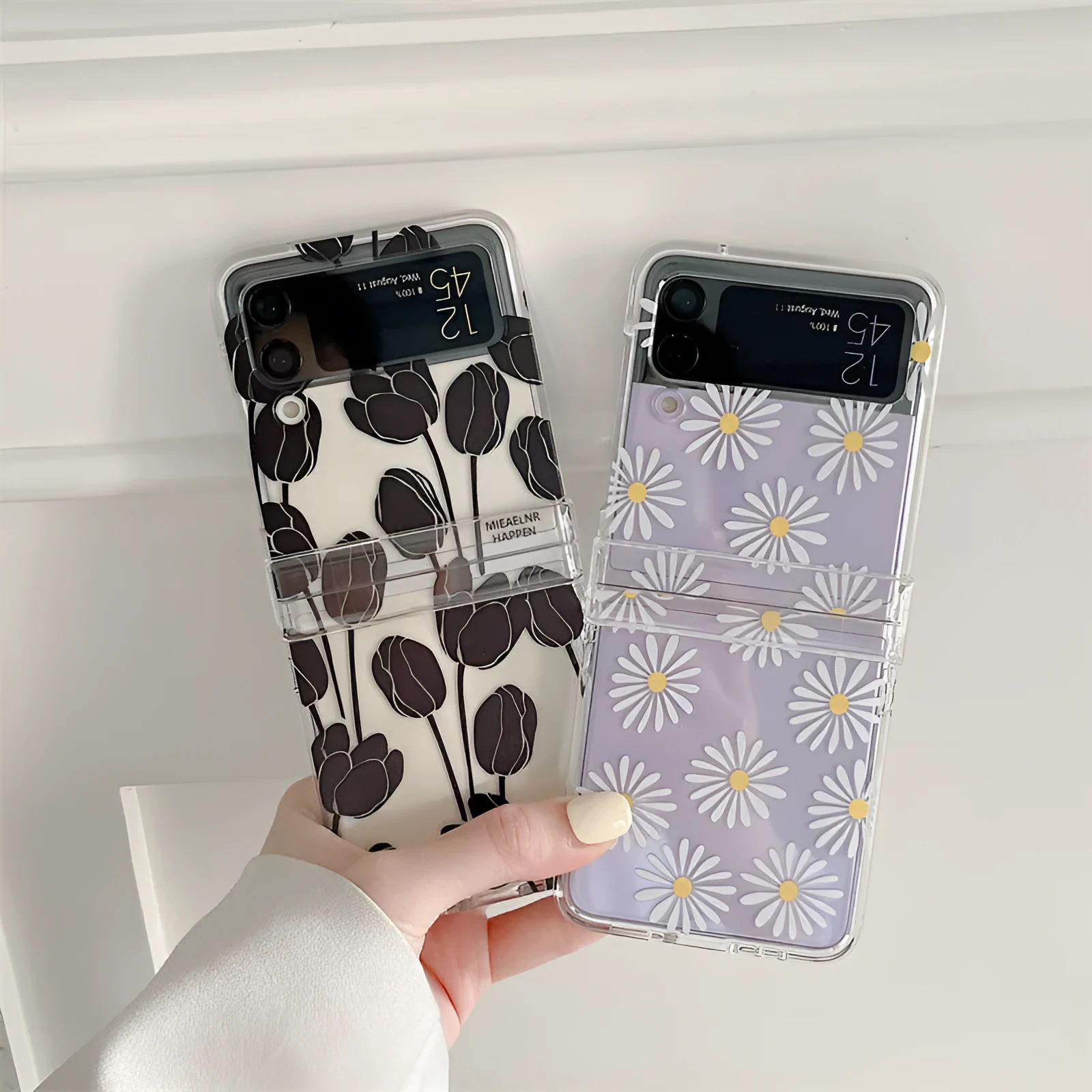 Flower pattern phone case for Samsung Z Flip folding phone in daisy or tulip design