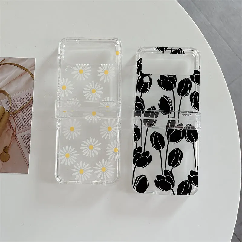 Flower pattern phone case for Samsung Z Flip folding phone in daisy or tulip design