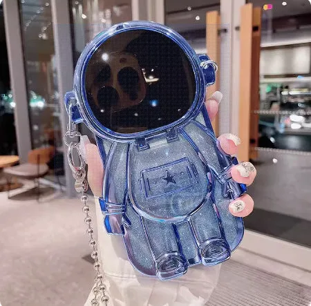 Electroplated TPU astronaut phone case for iPhone 13 with flip mirror and bracket, dark purple gradient glitter finish