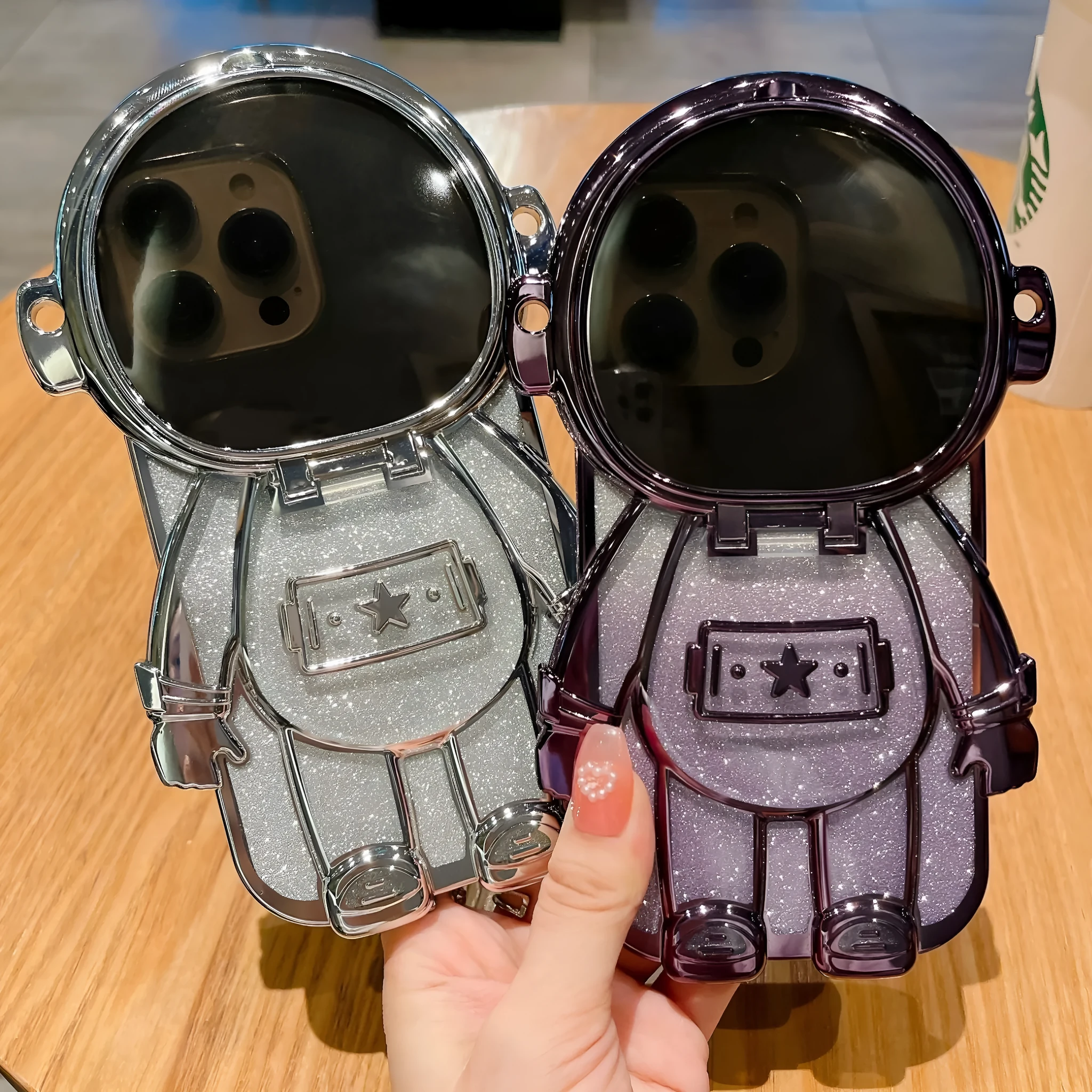 Electroplated TPU astronaut phone case for iPhone 13 with flip mirror and bracket, dark purple gradient glitter finish
