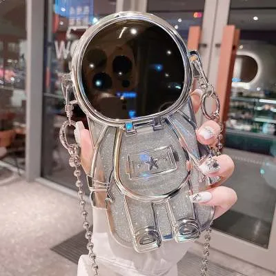 Electroplated TPU astronaut phone case for iPhone 13 with flip mirror and bracket, dark purple gradient glitter finish