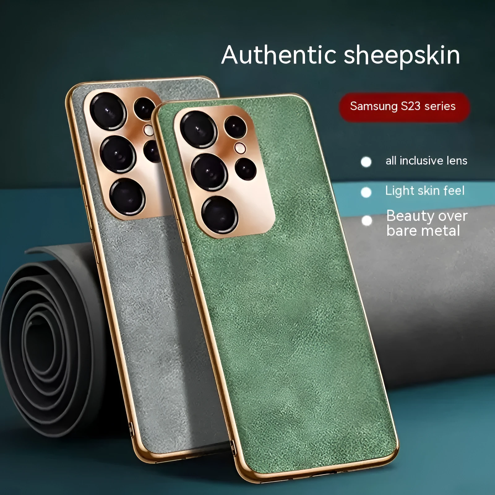 Fashion eyelet sheepskin phone case for Samsung S22 S23 in Graphite Black colour