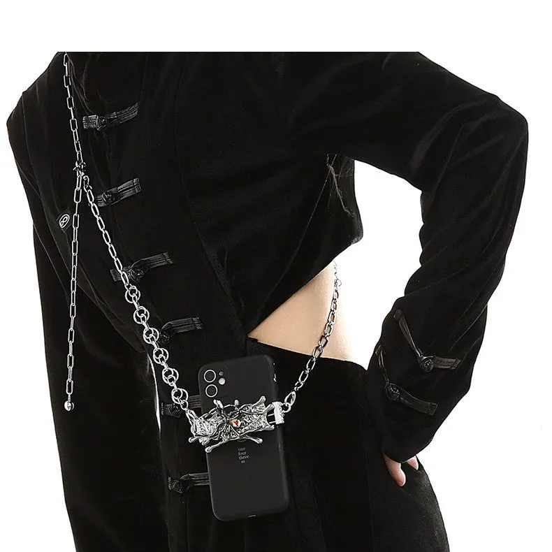 Spider moonstone alloy phone charm with electroplated silver finish and insect pattern pendant on chain.