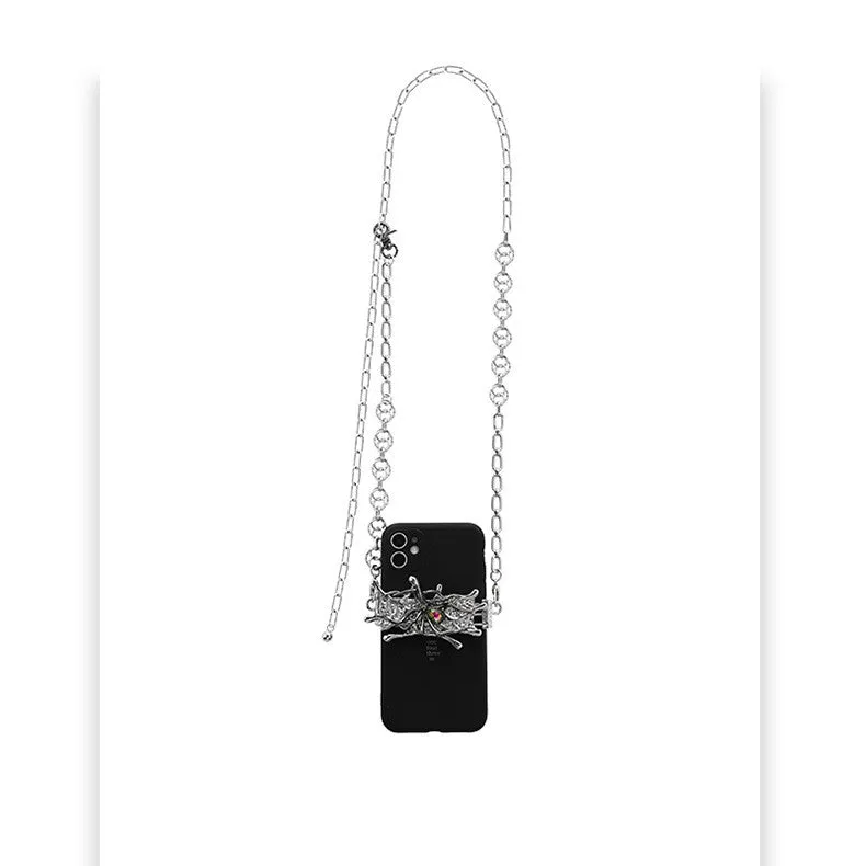Spider moonstone alloy phone charm with electroplated silver finish and insect pattern pendant on chain.