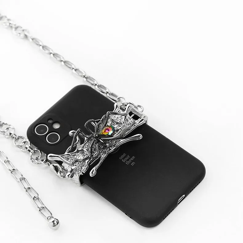 Spider moonstone alloy phone charm with electroplated silver finish and insect pattern pendant on chain.