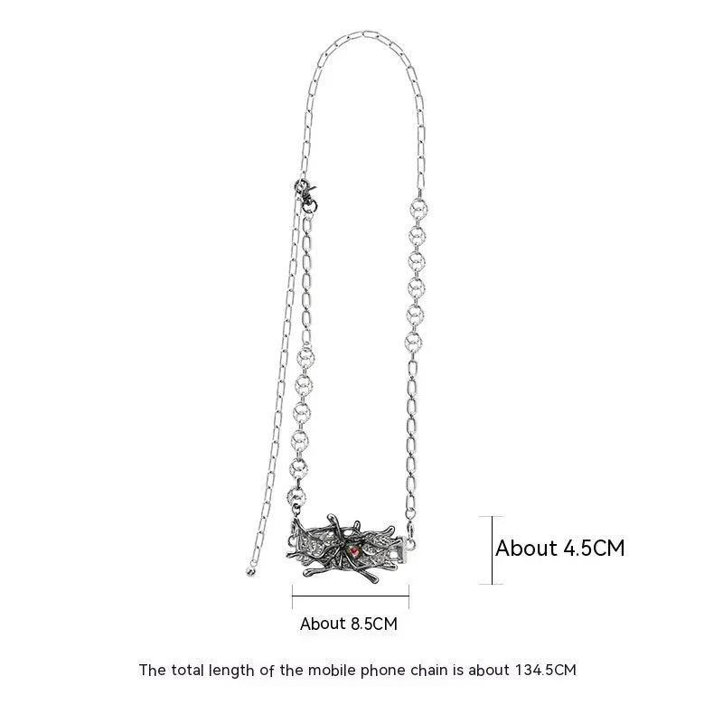 Spider moonstone alloy phone charm with electroplated silver finish and insect pattern pendant on chain.