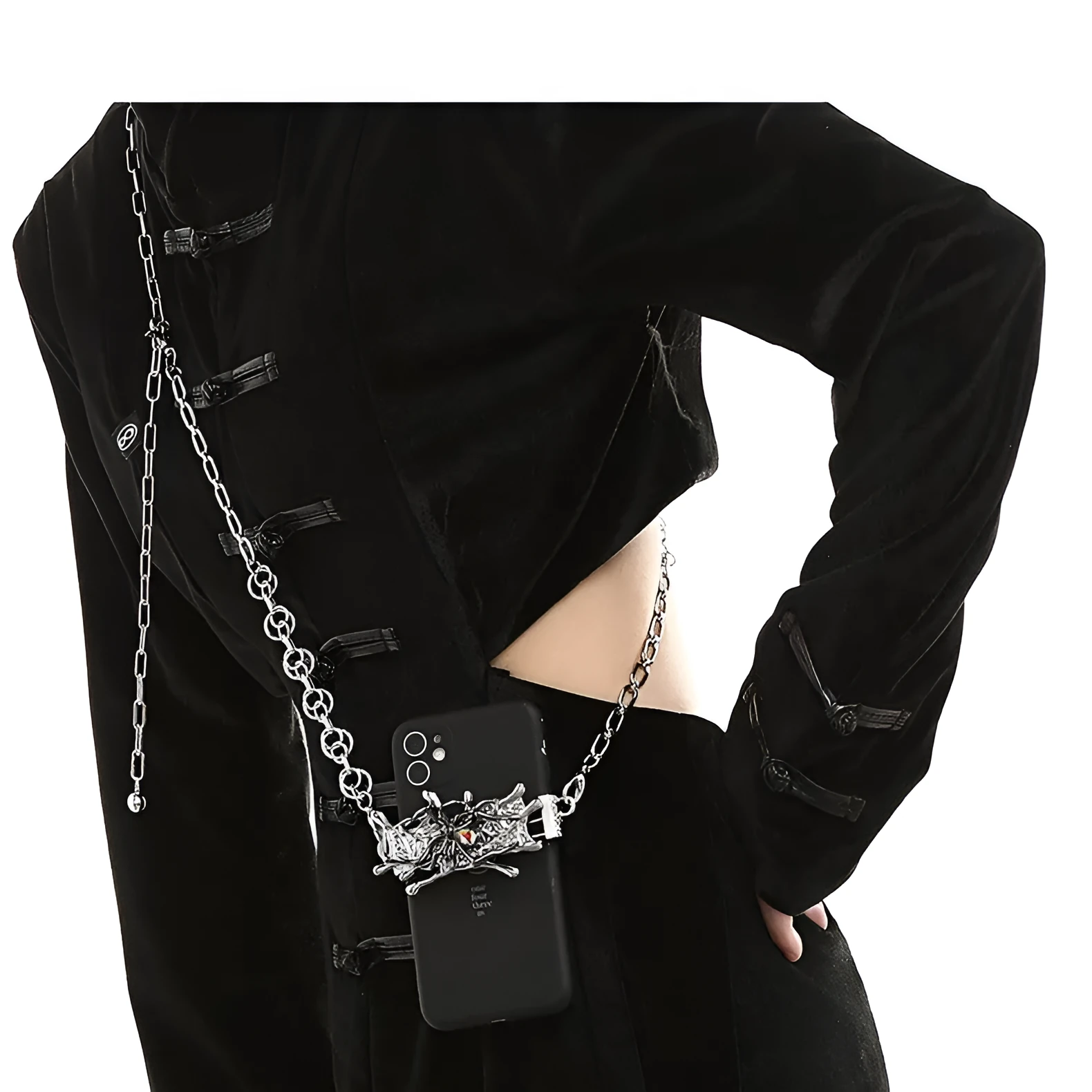 Spider moonstone alloy phone charm with electroplated silver finish and insect pattern pendant on chain.