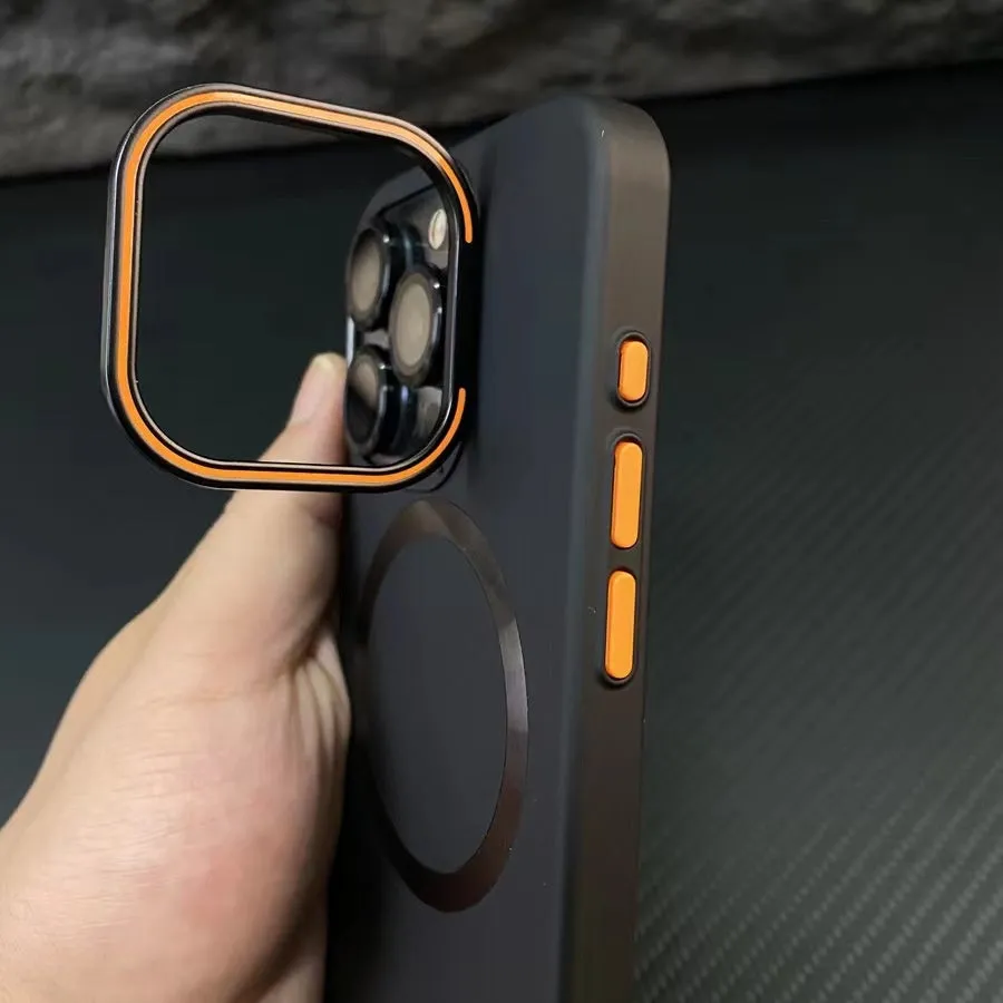 Frosted magnetic bracket phone case in black for iPhone 15 Pro Max with lens protector