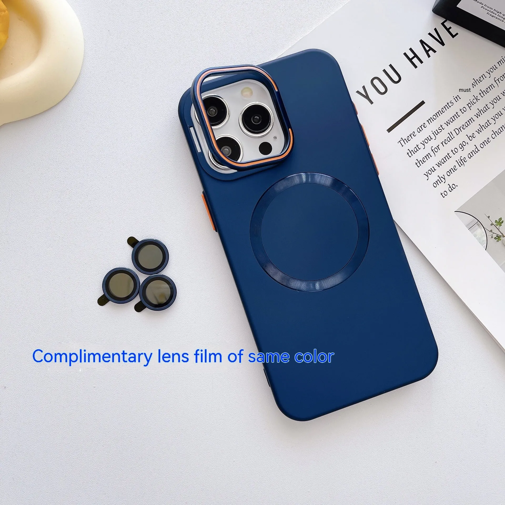 Frosted magnetic bracket phone case in black for iPhone 15 Pro Max with lens protector