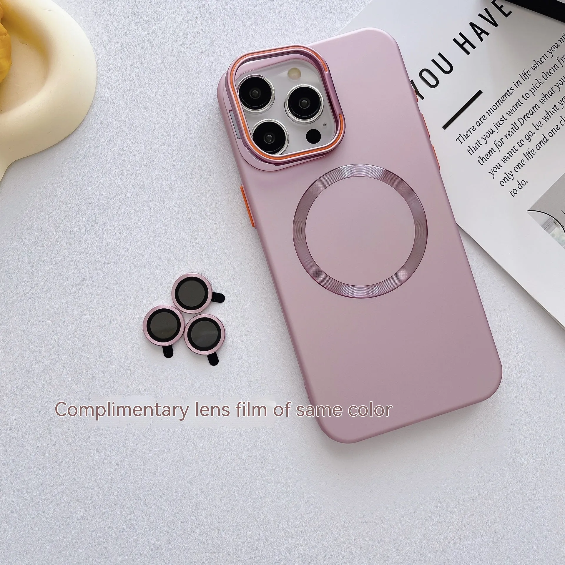 Frosted magnetic bracket phone case in black for iPhone 15 Pro Max with lens protector
