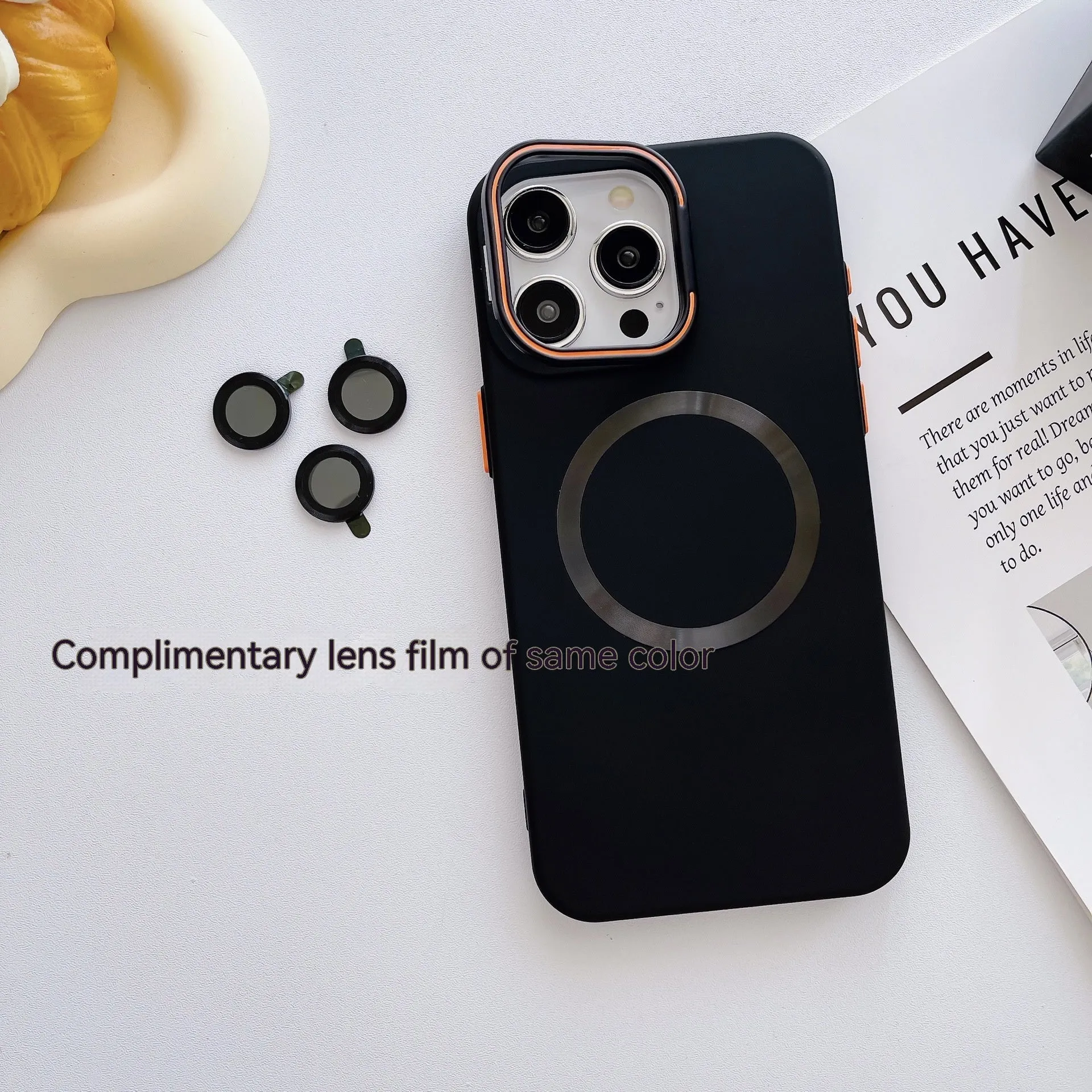 Frosted magnetic bracket phone case in black for iPhone 15 Pro Max with lens protector