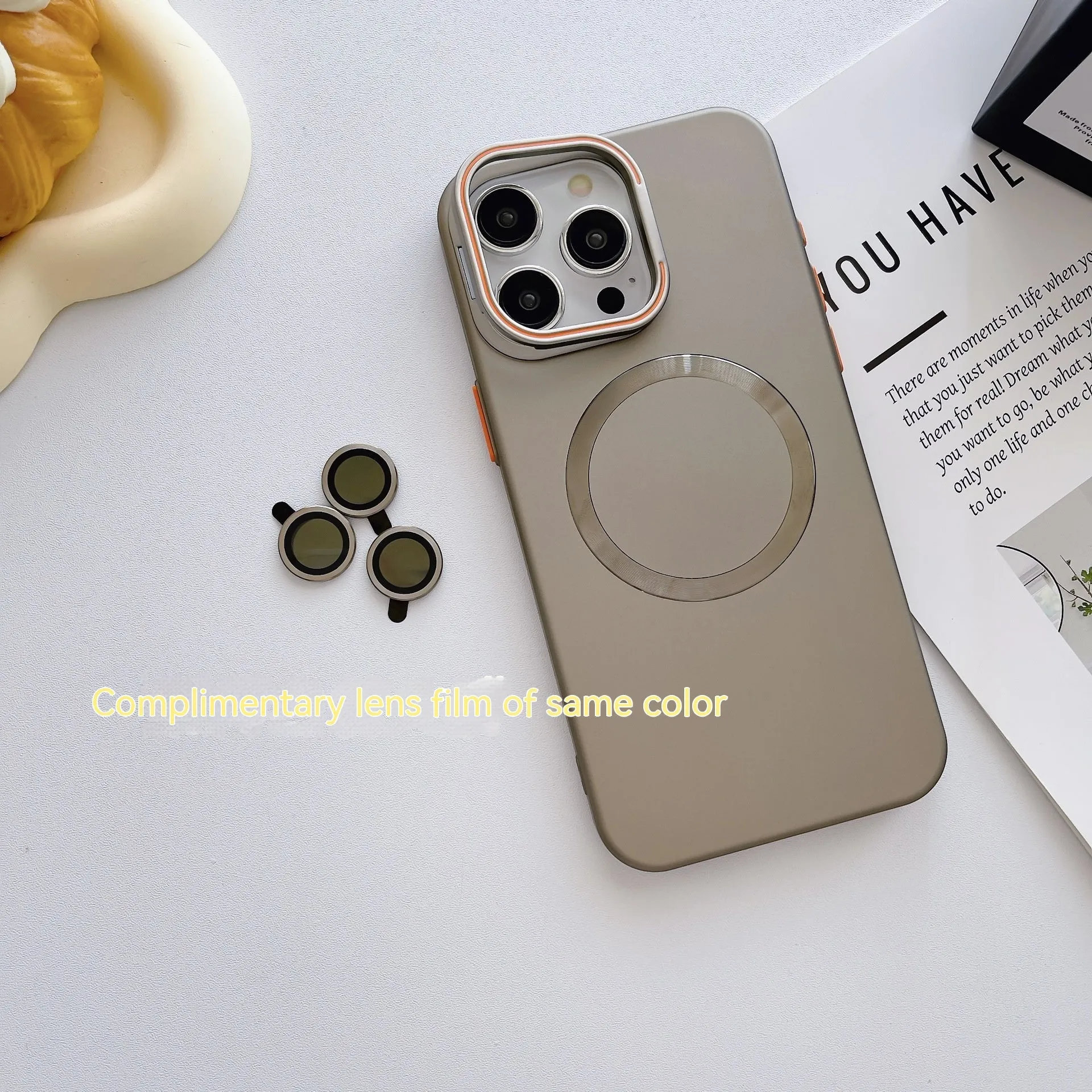 Frosted magnetic bracket phone case in black for iPhone 15 Pro Max with lens protector