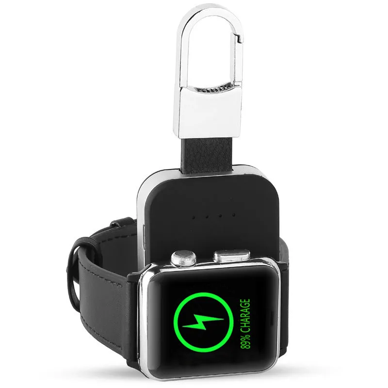 Black Apple Watch wireless power bank with keychain attachment showing compact rectangular design