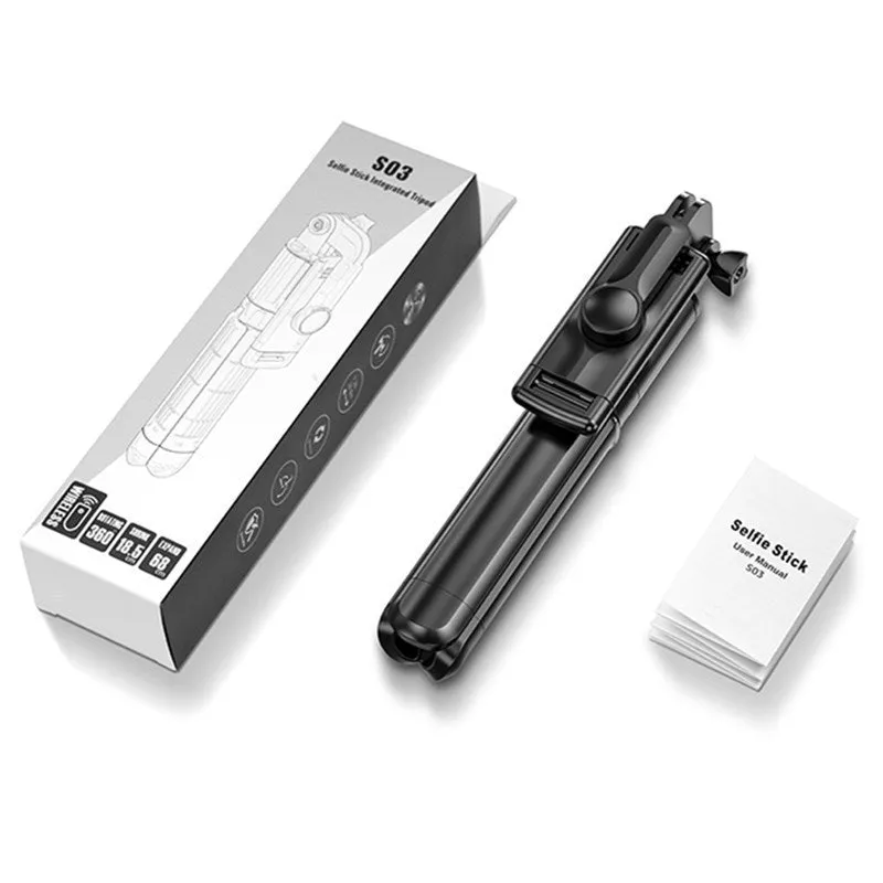 Black plastic wireless Bluetooth selfie stick with fill light and floor tripod universal phone holder