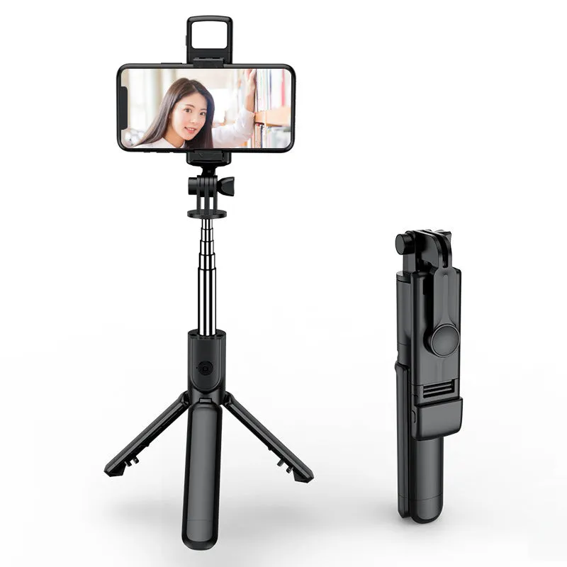 Black plastic wireless Bluetooth selfie stick with fill light and floor tripod universal phone holder