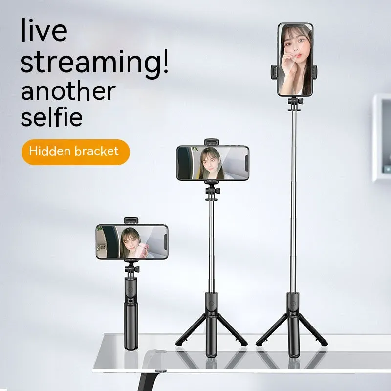 Black plastic wireless Bluetooth selfie stick with fill light and floor tripod universal phone holder