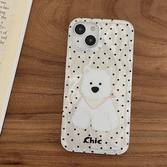 Polka dot West Highland dog TPU phone case for Apple iPhone, anti-fall soft shell in white and black