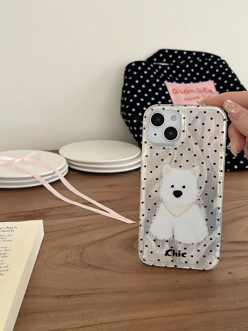 Polka dot West Highland dog TPU phone case for Apple iPhone, anti-fall soft shell in white and black