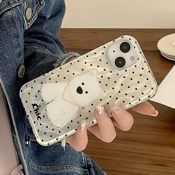 Polka dot West Highland dog TPU phone case for Apple iPhone, anti-fall soft shell in white and black