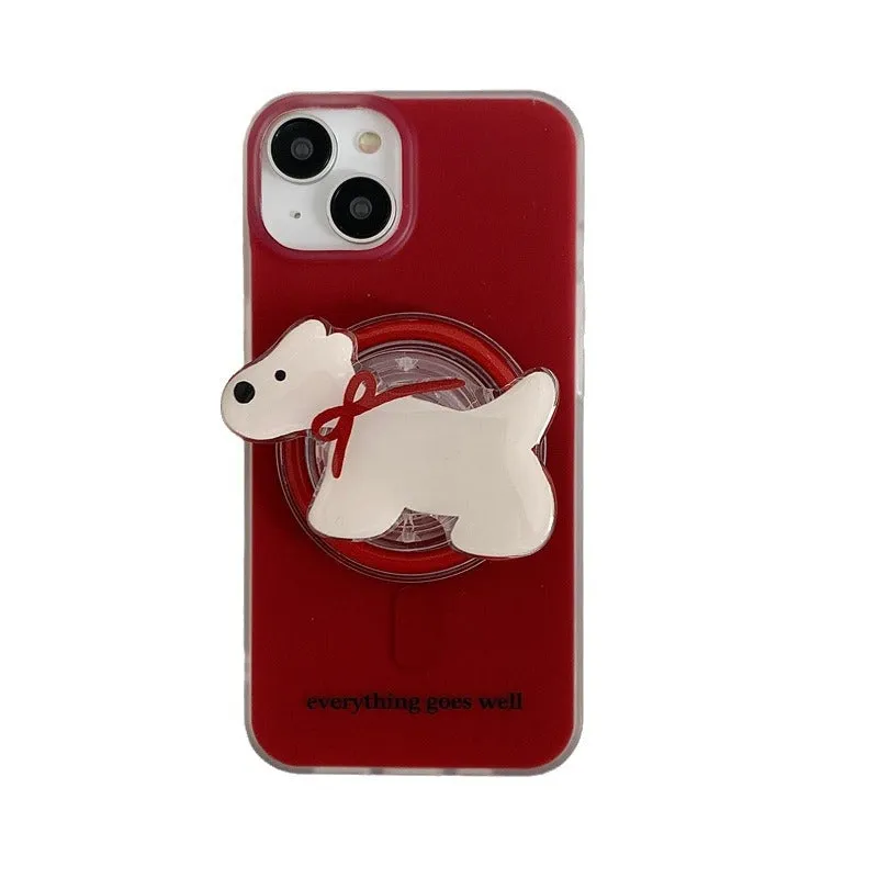 Wine red silicone phone case with embossed red bow tie puppy pattern and magnetic bracket for Apple iPhone