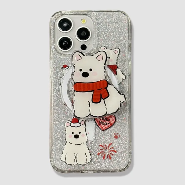 Red scarf dog cartoon silicone magnetic phone case for iPhone 15 Pro Max