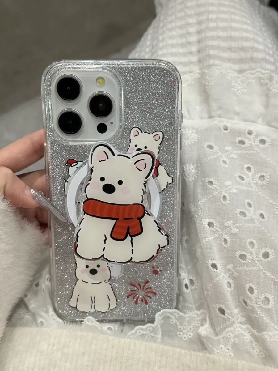 Red scarf dog cartoon silicone magnetic phone case for iPhone 15 Pro Max