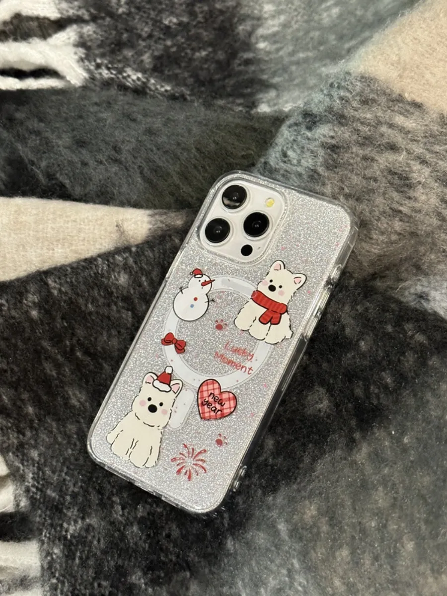 Red scarf dog cartoon silicone magnetic phone case for iPhone 15 Pro Max