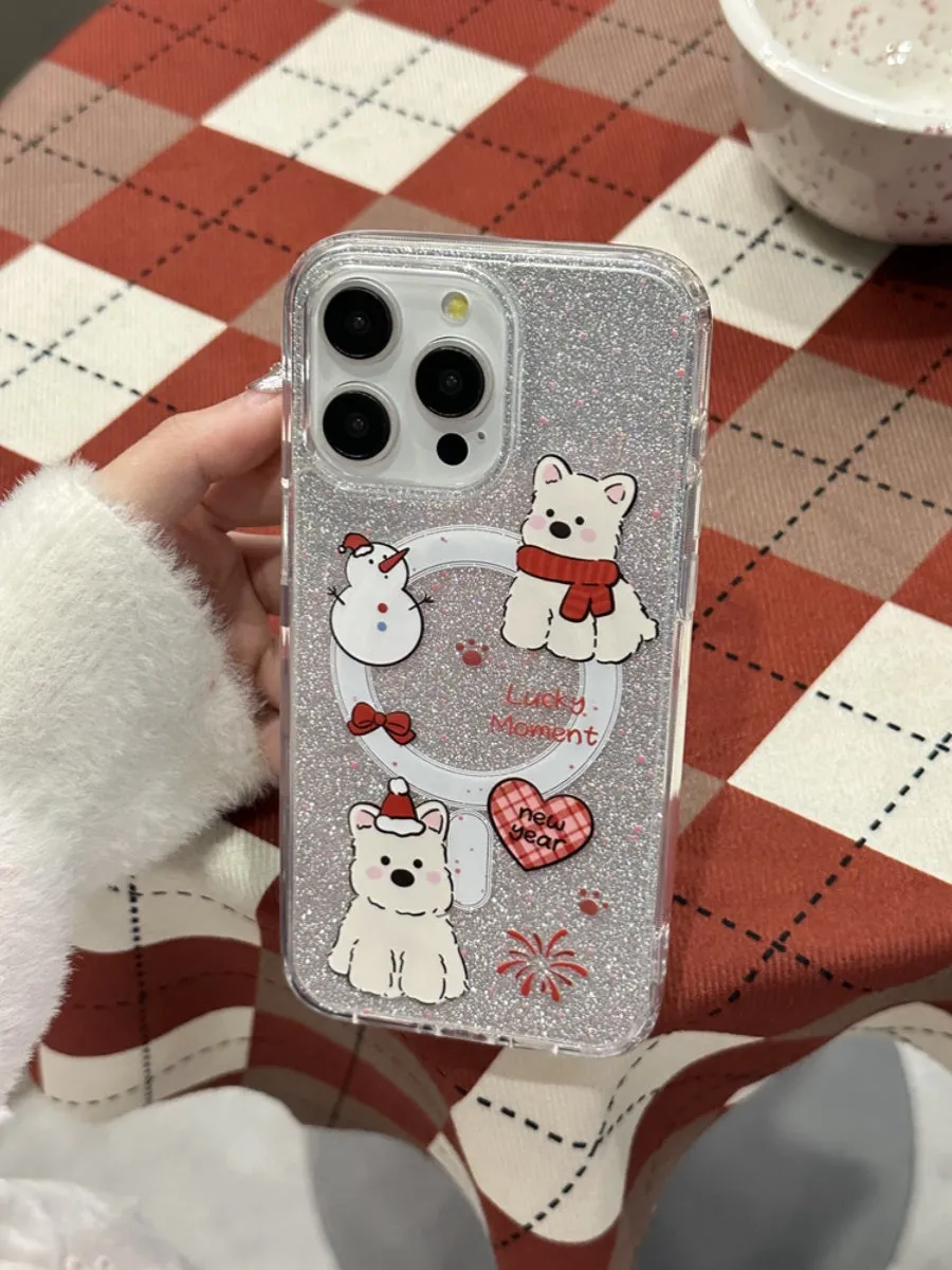Red scarf dog cartoon silicone magnetic phone case for iPhone 15 Pro Max