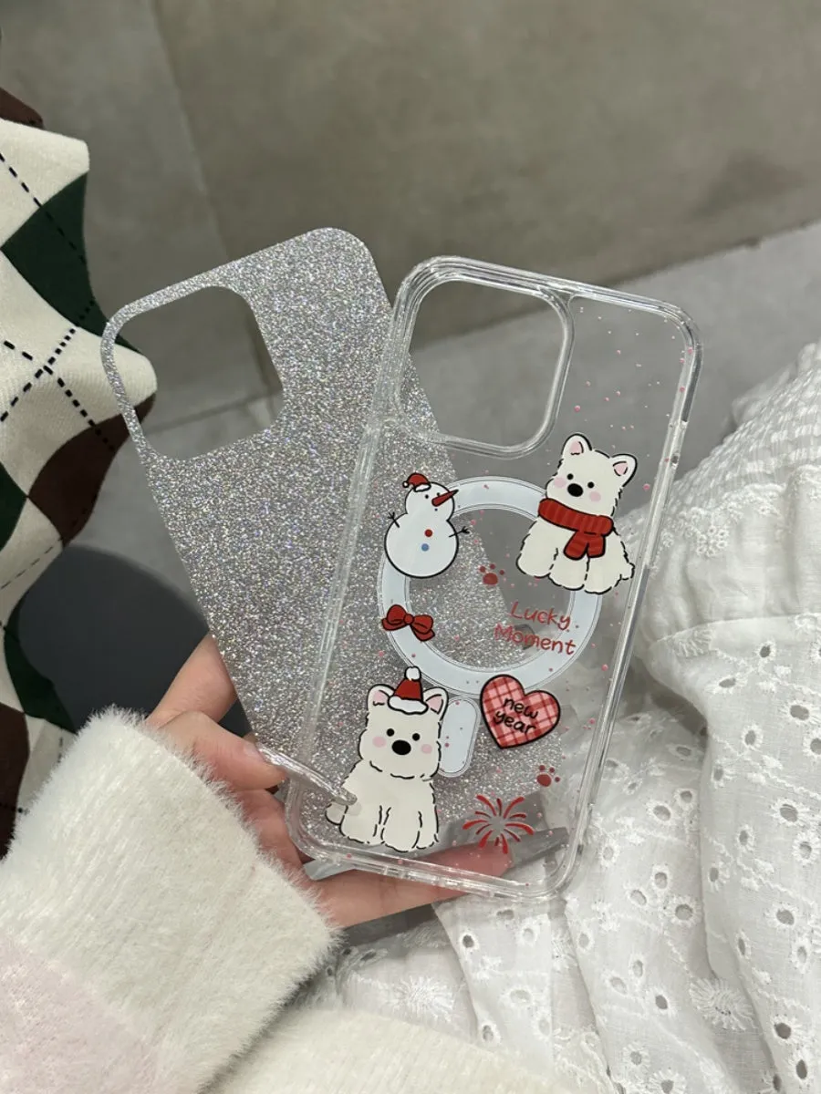 Red scarf dog cartoon silicone magnetic phone case for iPhone 15 Pro Max