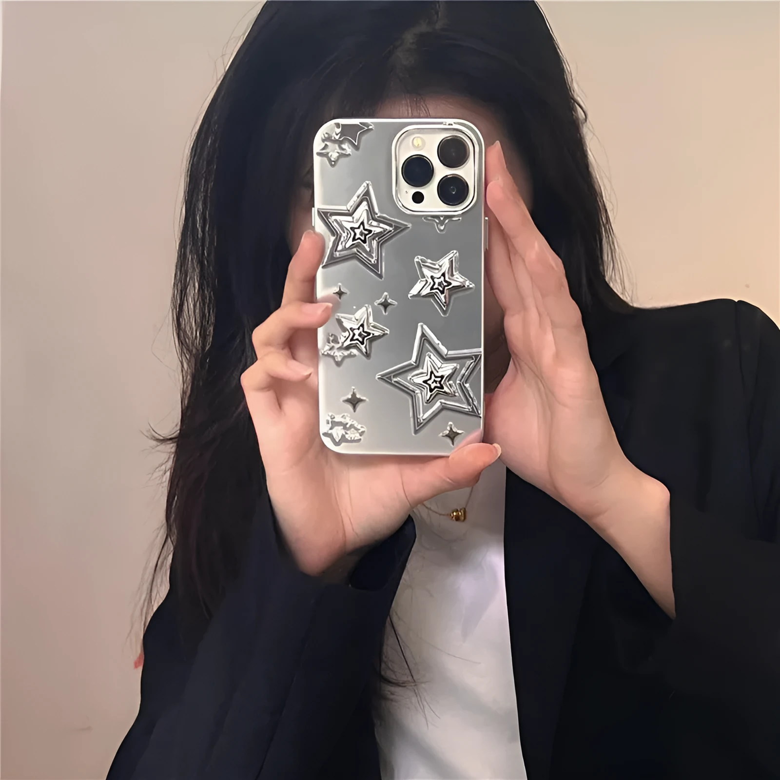 Silver gray acrylic hard phone case with electroplated three-dimensional star pattern for iPhone