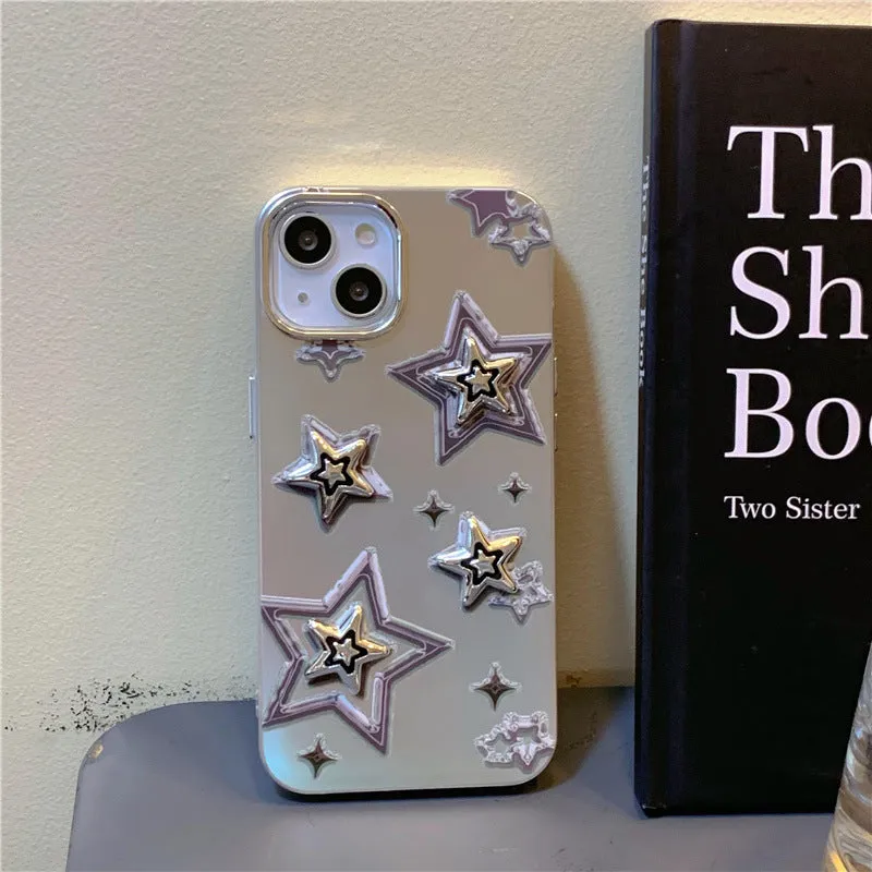 Silver gray acrylic hard phone case with electroplated three-dimensional star pattern for iPhone