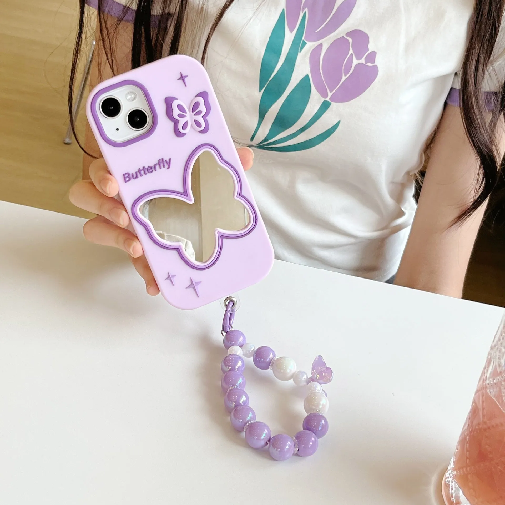 Purple butterfly mirror silicone phone case for Apple iPhone with colour matching back cover design