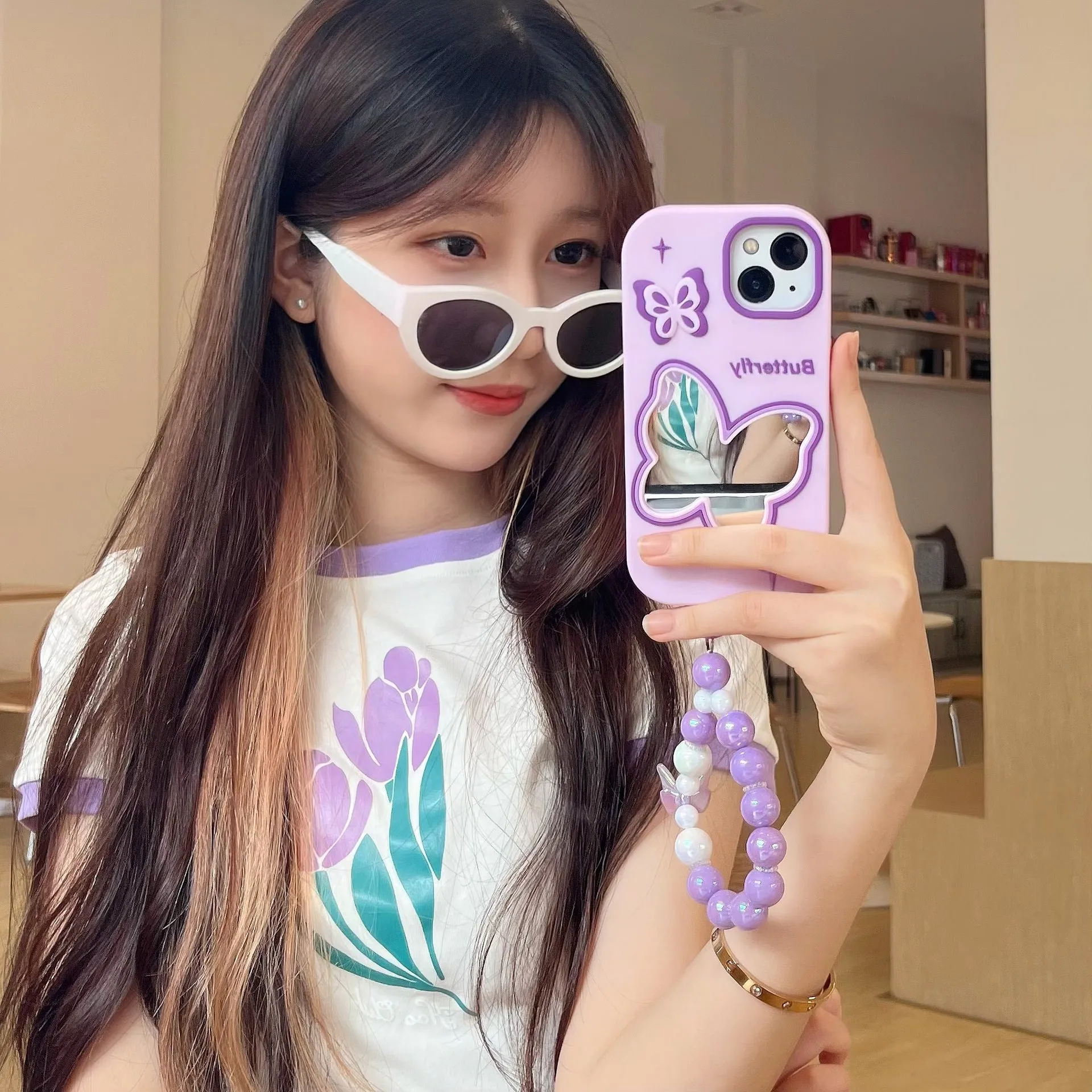 Purple butterfly mirror silicone phone case for Apple iPhone with colour matching back cover design
