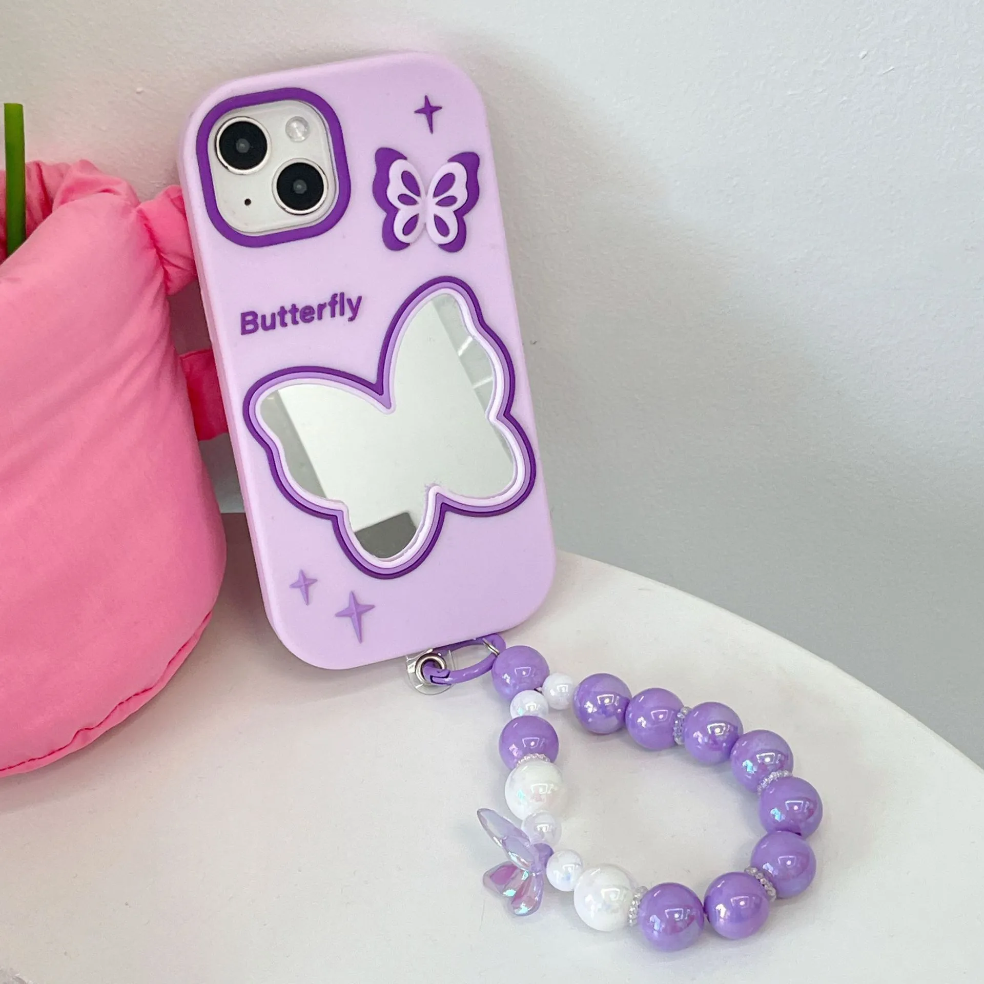 Purple butterfly mirror silicone phone case for Apple iPhone with colour matching back cover design