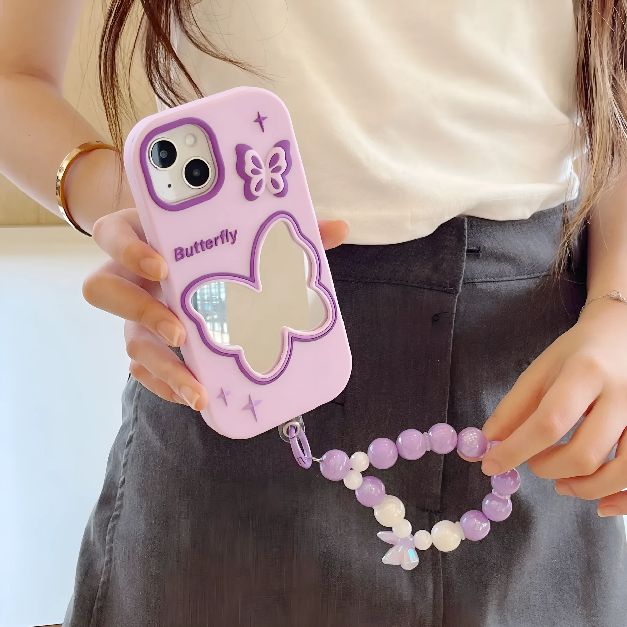 Purple butterfly mirror silicone phone case for Apple iPhone with colour matching back cover design