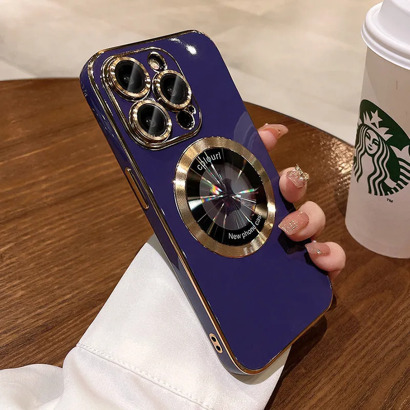 Electroplated 6D phone case with magnetic magnifying glass, TPU anti-fall cover for iPhone 15 Pro Max, Dark Night Purple colour