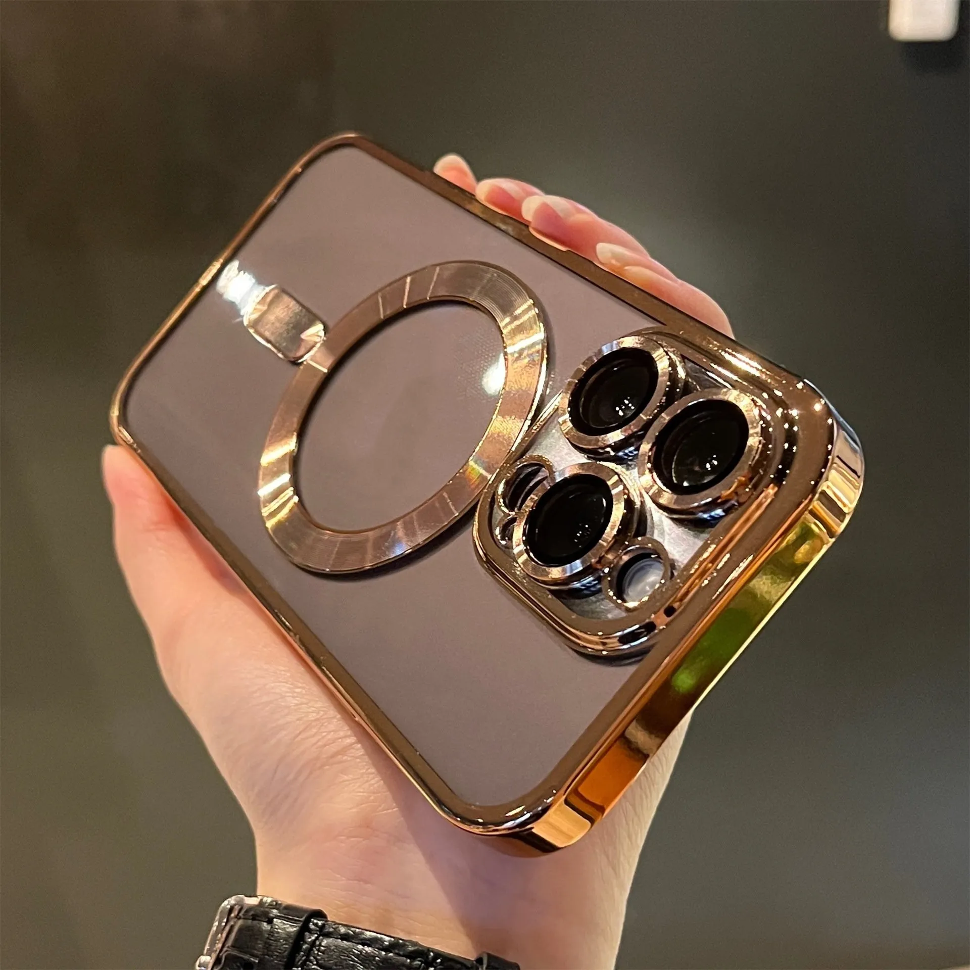Electroplated magnetic TPU phone case for iPhone in black with camera lens film