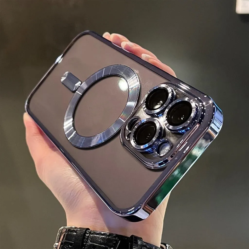 Electroplated magnetic TPU phone case for iPhone in black with camera lens film
