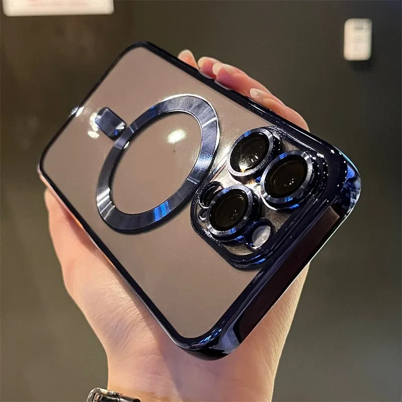Electroplated magnetic TPU phone case for iPhone in black with camera lens film