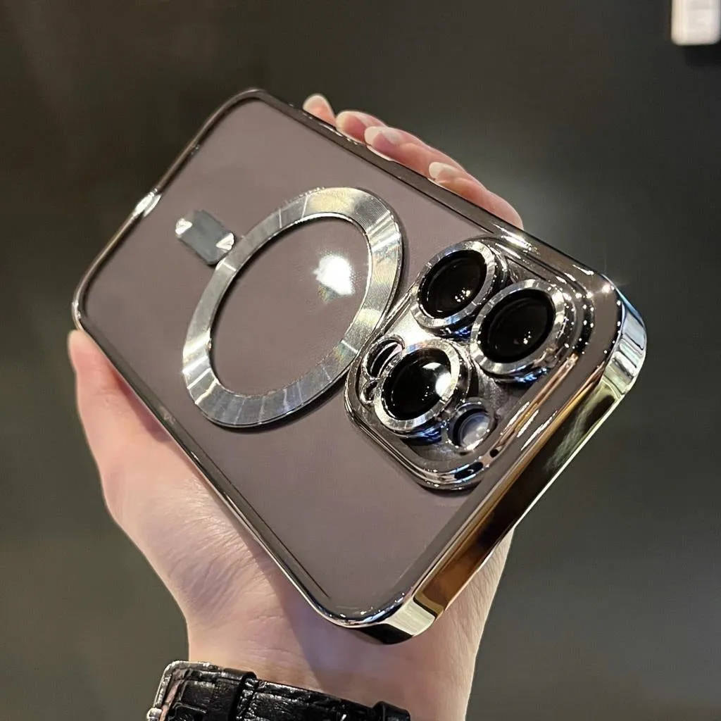 Electroplated magnetic TPU phone case for iPhone in black with camera lens film