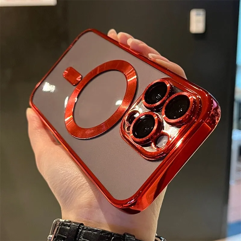Electroplated magnetic TPU phone case for iPhone in black with camera lens film