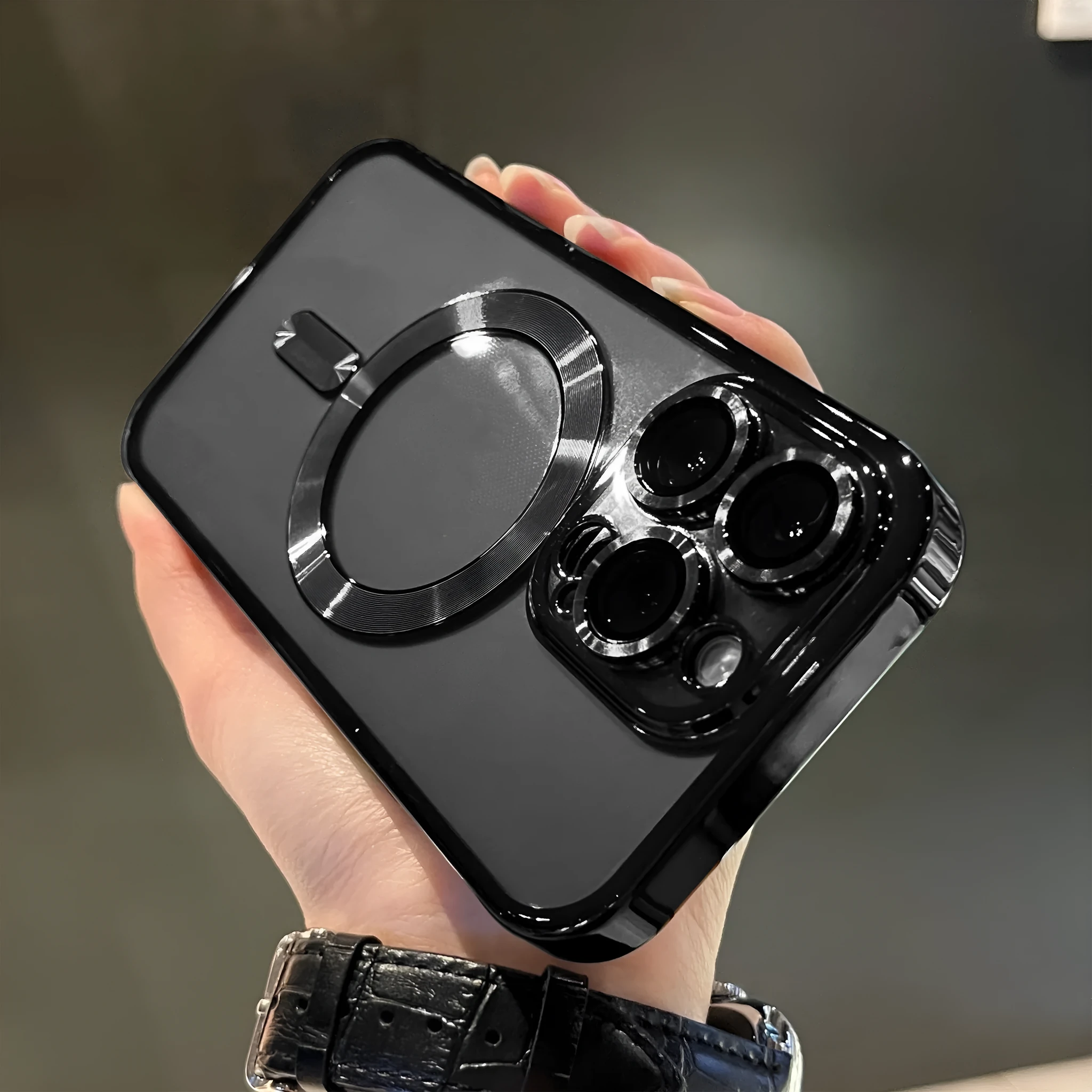Electroplated magnetic TPU phone case for iPhone in black with camera lens film