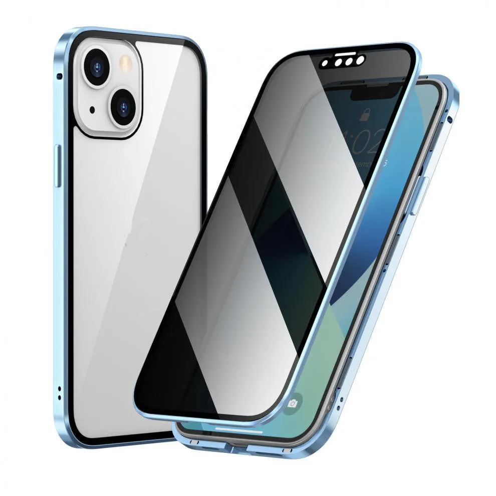 Black magneto double sided metal phone case for iPhone models on a flat surface.