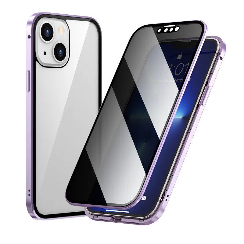 Black magneto double sided metal phone case for iPhone models on a flat surface.