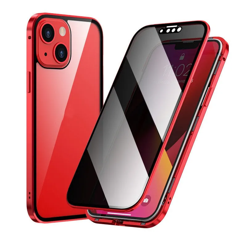Black magneto double sided metal phone case for iPhone models on a flat surface.