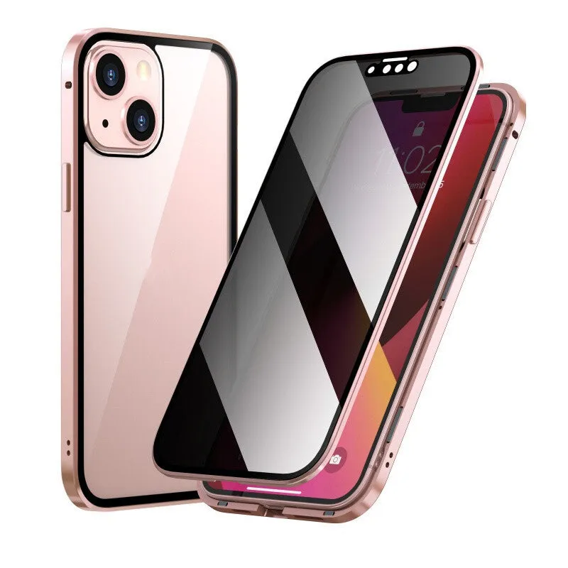 Black magneto double sided metal phone case for iPhone models on a flat surface.