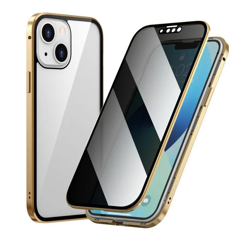 Black magneto double sided metal phone case for iPhone models on a flat surface.