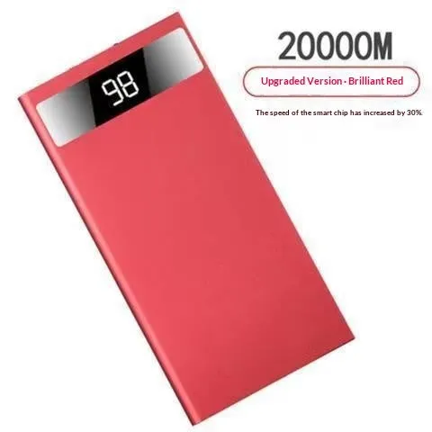 Ultra-thin 20000mAh alloy power bank in Aurora Silver with USB cable, showing power display