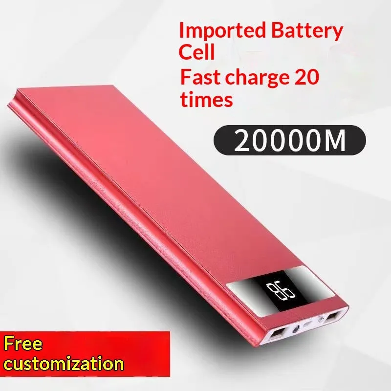 Ultra-thin 20000mAh alloy power bank in Aurora Silver with USB cable, showing power display