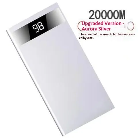Ultra-thin 20000mAh alloy power bank in Aurora Silver with USB cable, showing power display